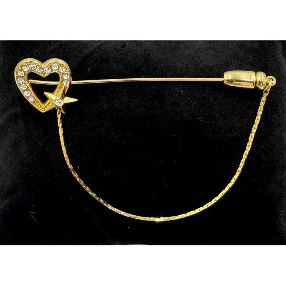 Vintage Valentines Day Gold Tone Rhinestone Heart Star Locking Stink Pin & Chain
